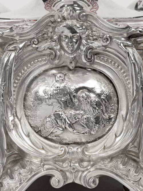 ELKINGTON CO CAST SILVER PLATED CENTERPIECE WITH SWANS AND RED CUT GLASS BOWL - ADDITIONAL PHOTO 5