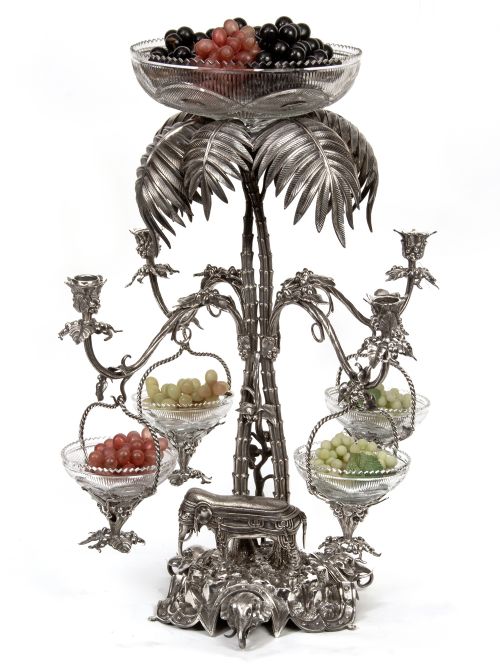 very decorative victorian silver plated epergne with elephant heads and a palm tree - CATEGORY: ANTIQUE SILVER - DATED 1870