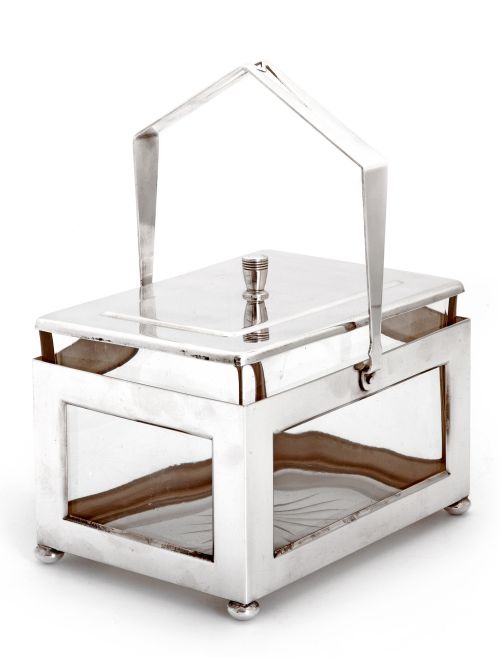 SMART PLAIN RECTANGULAR SWING HANDLE SILVER PLATED BOX WITH CLEAR GLASS LINER - ADDITIONAL PHOTO 1