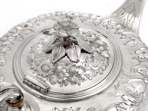 ANTIQUE SILVER BACHELOR TEA POT HIGHLY DECORATED WITH SCROLLS AND FLOWERS - ADDITIONAL PHOTO 4