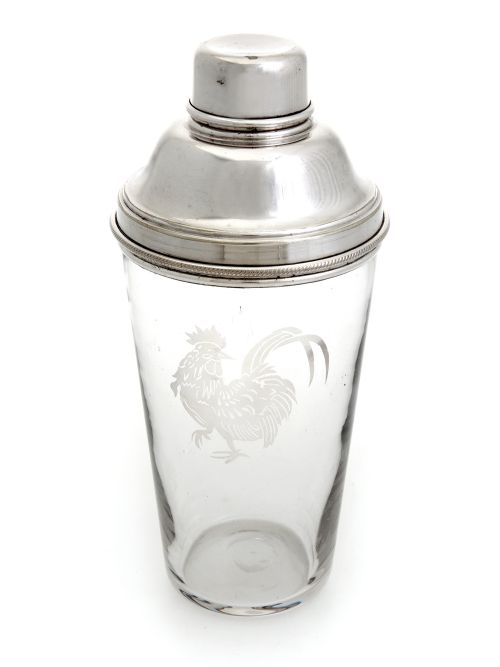 large glass and silver plate cocktail shaker with etched cockerel detail - CATEGORY: ANTIQUE SILVER - DATED 1930