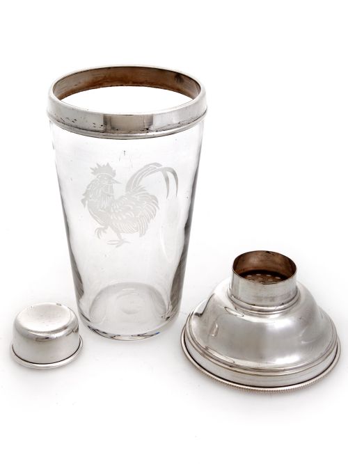 LARGE GLASS AND SILVER PLATE COCKTAIL SHAKER WITH ETCHED COCKEREL DETAIL - ADDITIONAL PHOTO 1