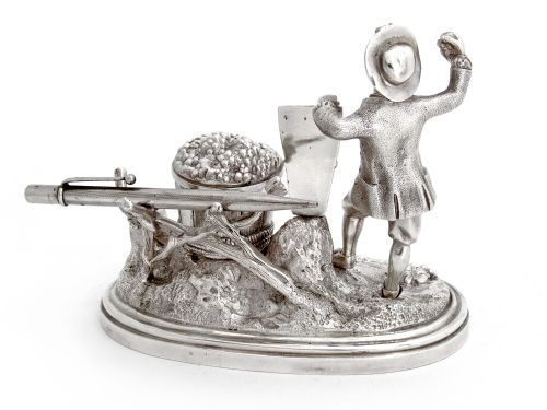 DECORATIVE VICTORIAN SILVER PLATE INK WELL OF A PEASANT FARMER PICKING GRAPES - ADDITIONAL PHOTO 2