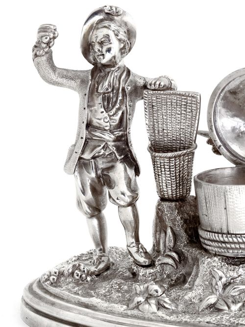 DECORATIVE VICTORIAN SILVER PLATE INK WELL OF A PEASANT FARMER PICKING GRAPES - ADDITIONAL PHOTO 6