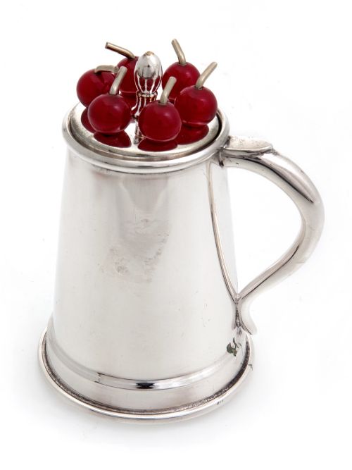 silver plated tankard shaped cocktail pick holder - CATEGORY: ANTIQUE SILVER - DATED 1930