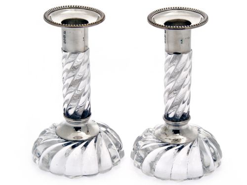 pair of silver and spiral glass candlesticks - CATEGORY: ANTIQUE SILVER - DATED 1910