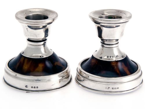 pair of antique silver and tortoiseshell dwarf candlesticks - CATEGORY: ANTIQUE SILVER - DATED 1910