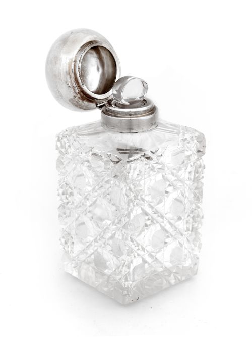 PLAIN SILVER BUN TOPPED TALL SQUARE CUT GLASS PERFUME BOTTLE - ADDITIONAL PHOTO 1