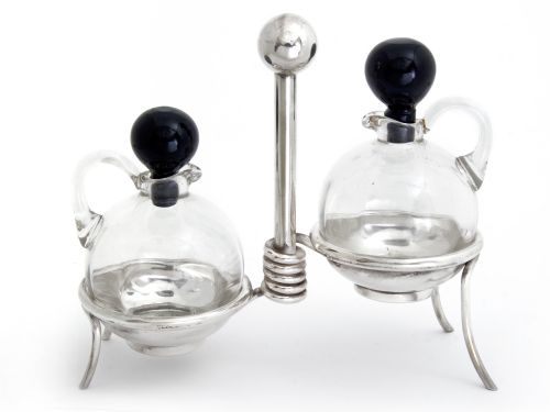 french art deco oil vinegar on a silver plated wire base - CATEGORY: ANTIQUE SILVER - DATED 1930