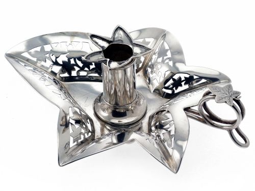 UNUSUAL ANTIQUE LEAF SHAPED SILVER CHAMBER STICK - ADDITIONAL PHOTO 2
