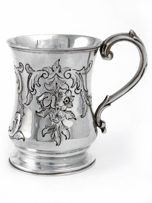 victorian silver christening mug chased with flowers and scrolls - CATEGORY: ANTIQUE SILVER - DATED 1850