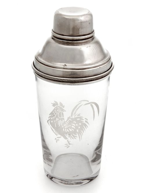 english silver plate and glass cocktail shaker with cockerel motif - CATEGORY: ANTIQUE SILVER - DATED 1940