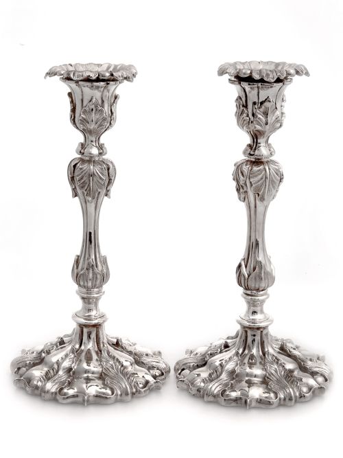 pair of impressive elkington co silver plated candle sticks decorated with acanthus leaves - CATEGORY: ANTIQUE SILVER - DATED 1870