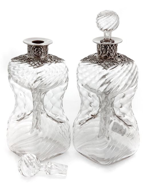 PAIR OF WILLIAM COMYNS SILVER NECK GLUG GLUG DECANTERS - ADDITIONAL PHOTO 1