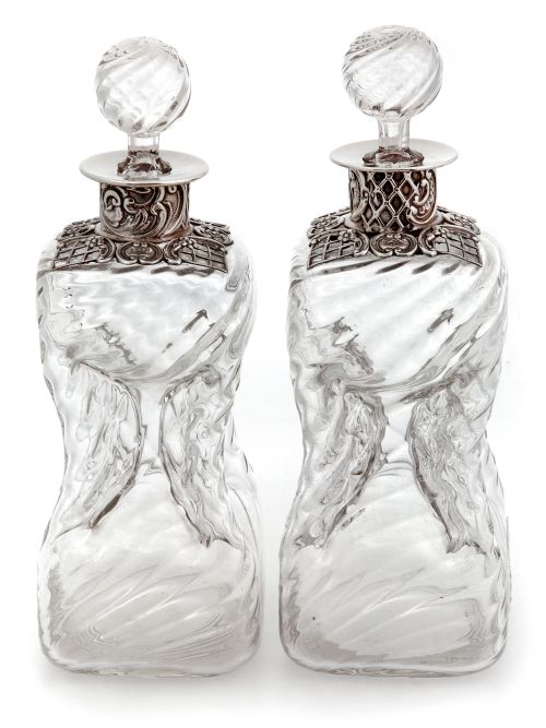 PAIR OF WILLIAM COMYNS SILVER NECK GLUG GLUG DECANTERS - ADDITIONAL PHOTO 2