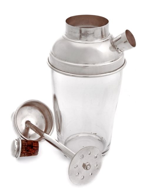 SILVER PLATE COCKTAIL SHAKER WITH INTEGRAL MIXER AND CLEAR GLASS TAPERING BODY - ADDITIONAL PHOTO 1