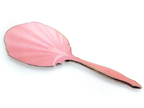 vintage silver and pink guilloche enamel hand mirror - CATEGORY: ANTIQUE SILVER - DATED 1950