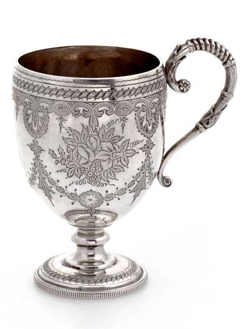 victorian baluster shape silver christening mug engraved with garlands and flowers - CATEGORY: ANTIQUE SILVER - DATED 1860