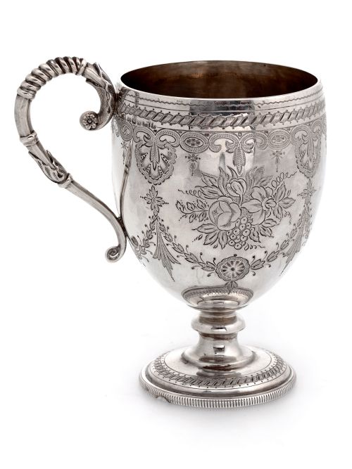 VICTORIAN BALUSTER SHAPE SILVER CHRISTENING MUG ENGRAVED WITH GARLANDS AND FLOWERS - ADDITIONAL PHOTO 2