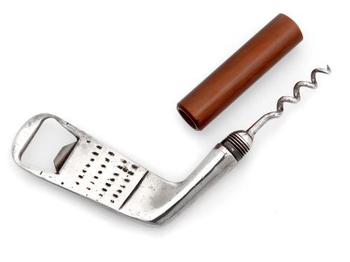 SILVER PLATE GOLF CLUB SHAPE CORK SCREW AND BOTTLE OPENER WITH BAKELITE HANDLE - ADDITIONAL PHOTO 1