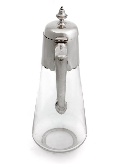VICTORIAN SILVER PLATED CLARET JUG WITH A PLAIN MOUNT AND PLAIN GLASS TAPERING BODY - ADDITIONAL PHOTO 2