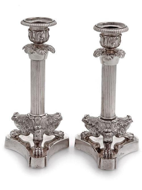 pair of victorian candlesticks standing on three paw supports - CATEGORY: ANTIQUE SILVER - DATED 1880
