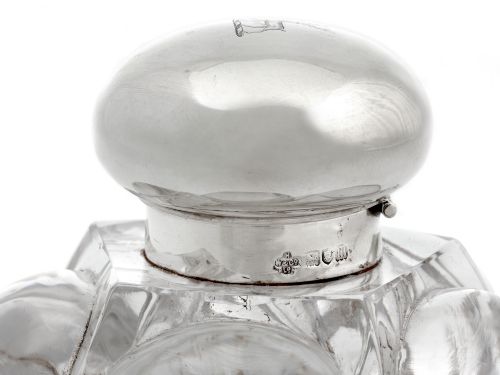 EDWARDIAN SILVER MOUNTED INK WELL WITH A SUPERB EXAGGERATED SPIRAL CUT GLASS BODY - ADDITIONAL PHOTO 3