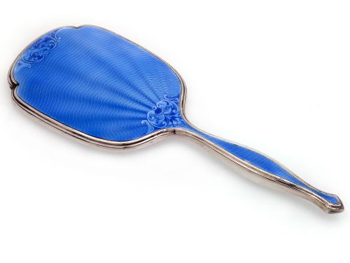 vintage decorative silver and blue guilloche enamel hand mirror - CATEGORY: ANTIQUE SILVER - DATED 1930