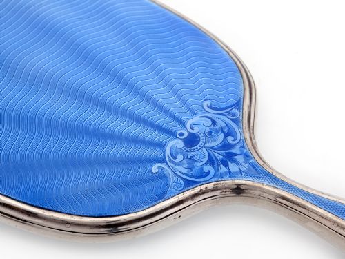 VINTAGE DECORATIVE SILVER AND BLUE GUILLOCHE ENAMEL HAND MIRROR - ADDITIONAL PHOTO 2