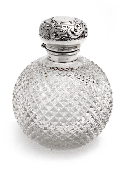 edwardian silver topped perfume bottle with a deep diamond cut glass body - CATEGORY: ANTIQUE SILVER - DATED 1900