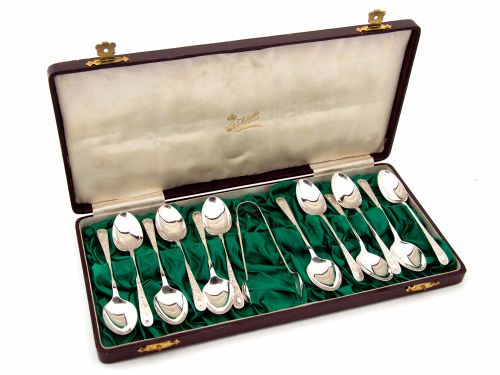 boxed set of 12 silver tea spoons and pair of sugar tongs - CATEGORY: ANTIQUE SILVER - DATED 1900