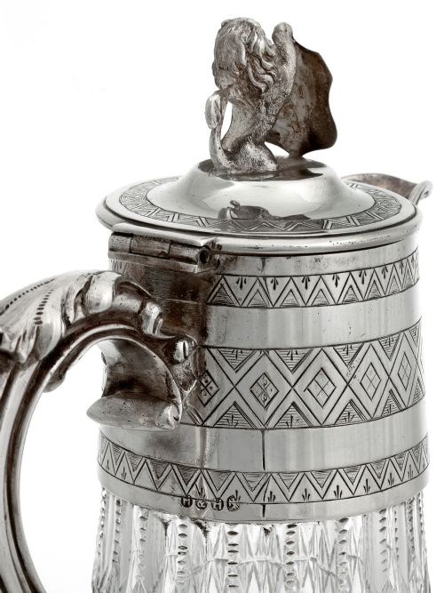 ANTIQUE SILVER PLATE CUT GLASS CLARET JUG WITH A LION SHIELD FINIAL - ADDITIONAL PHOTO 2