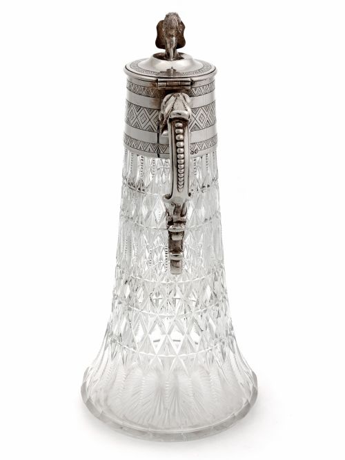 ANTIQUE SILVER PLATE CUT GLASS CLARET JUG WITH A LION SHIELD FINIAL - ADDITIONAL PHOTO 3