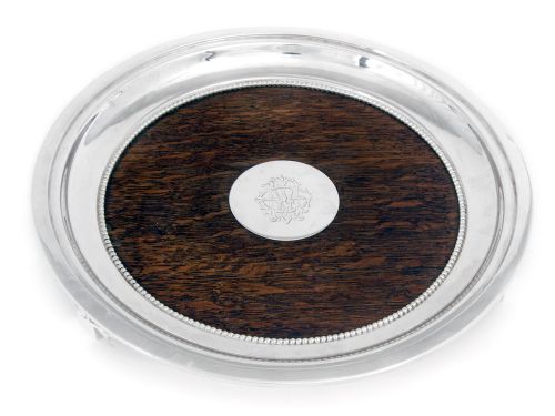 victorian oak and silver plate salver - CATEGORY: ANTIQUE SILVER - DATED 1890