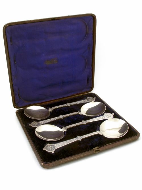 set of four boxed victorian silver plate serving spoons chased with a grape and vine pattern - CATEGORY: ANTIQUE SILVER - DATED 1890