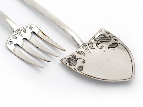 ANTIQUE BOXED SILVER PLATED GARDEN SPADE AND FORK SERVING SET - ADDITIONAL PHOTO 3