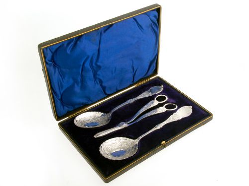 victorian boxed silver plated fruit set with servers and grape shears - CATEGORY: ANTIQUE SILVER - DATED 1880
