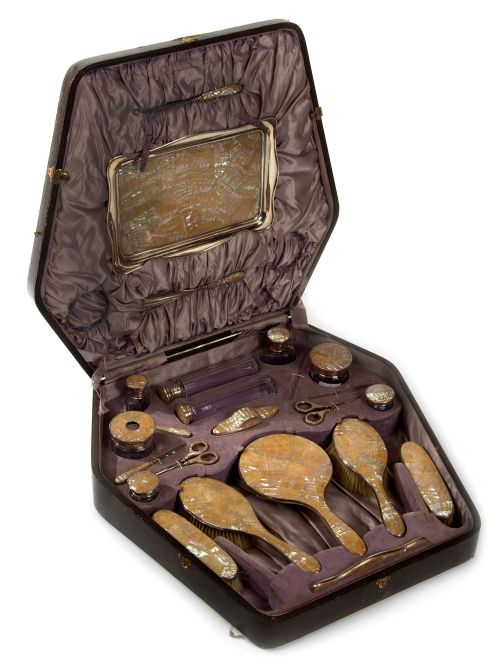 decorative 22 piece silver and mother of pearl dressing table set - CATEGORY: ANTIQUE SILVER - DATED 1920