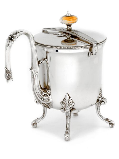 victorian silver plate argyle with a screw down ivory finial - CATEGORY: ANTIQUE SILVER - DATED 1880