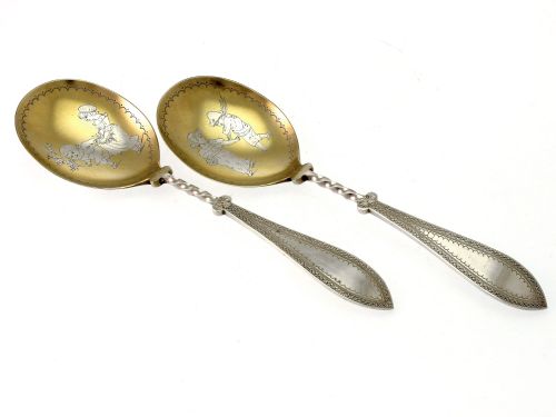 boxed silver plated serving spoons illustrated by kate greenaway - CATEGORY: ANTIQUE SILVER - DATED 1890