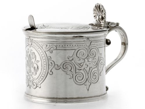 victorian silver drum mustard pot with engraved body and glass liner - CATEGORY: ANTIQUE SILVER - DATED 1860