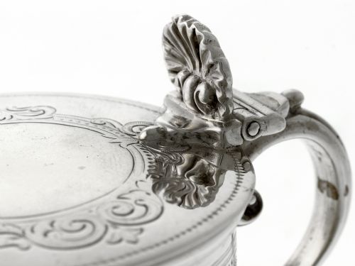 VICTORIAN SILVER DRUM MUSTARD POT WITH ENGRAVED BODY AND GLASS LINER - ADDITIONAL PHOTO 2