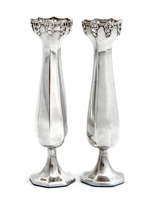 pair of edwardian silver vases with panelled bodies on a hexagonal base - CATEGORY: ANTIQUE SILVER - DATED 1900