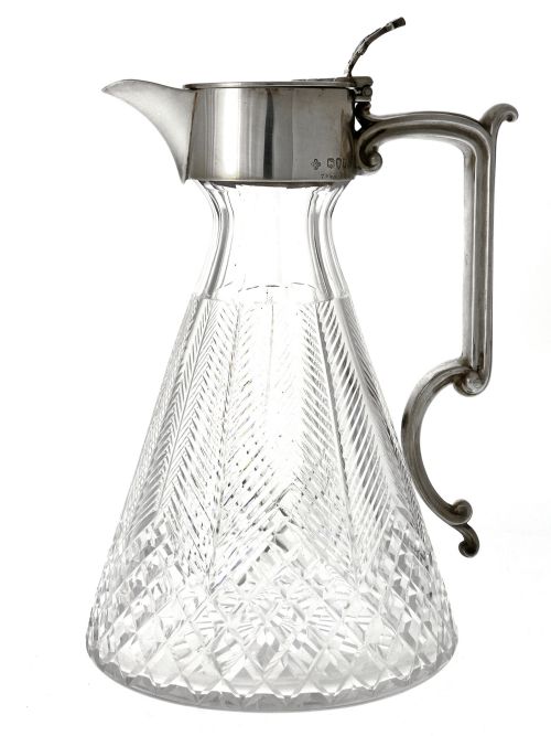 victorian plain silver mounted and cut glass claret jug - CATEGORY: ANTIQUE SILVER - DATED 1890