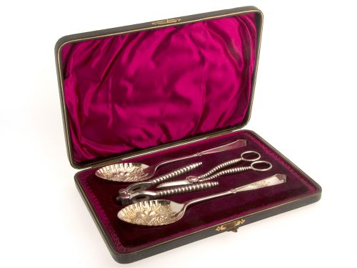 victorian silver plate boxed fruit set inc pair of fruit spoons grape shears and nutcrackers - CATEGORY: ANTIQUE SILVER - DATED 1890