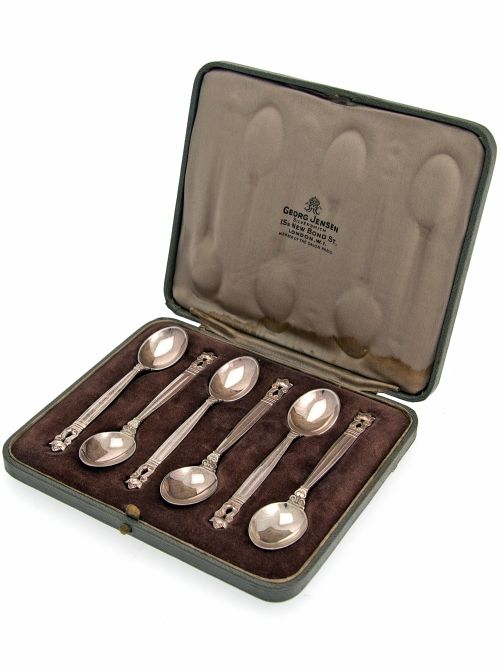 set of six boxed georg jensen silver tea spoons - CATEGORY: ANTIQUE SILVER - DATED 1930
