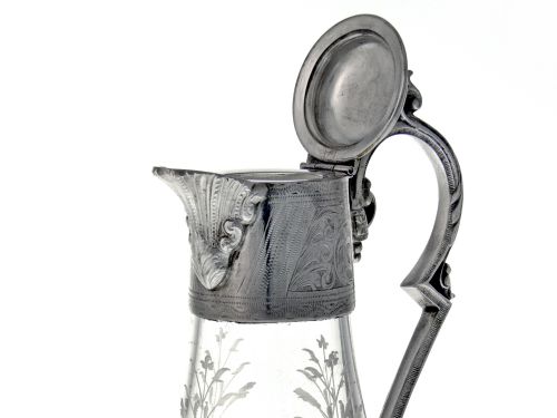 ANTIQUE ENGRAVED GLASS AND SILVER PLATE CLARET JUG - ADDITIONAL PHOTO 4