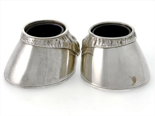 pair of antique silver horse hoof salts with blue glass liners - CATEGORY: ANTIQUE SILVER - DATED 1890