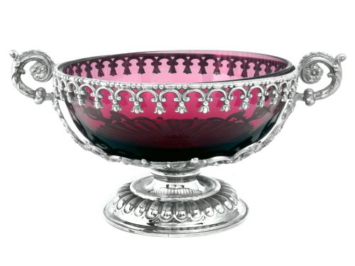 victorian silver plated fruit bowl with a ruby glass liner - CATEGORY: ANTIQUE SILVER - DATED 1890