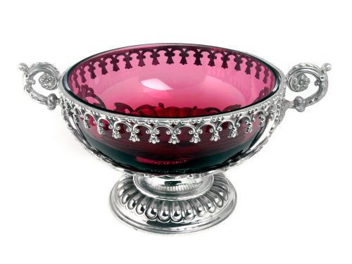 VICTORIAN SILVER PLATED FRUIT BOWL WITH A RUBY GLASS LINER - ADDITIONAL PHOTO 2